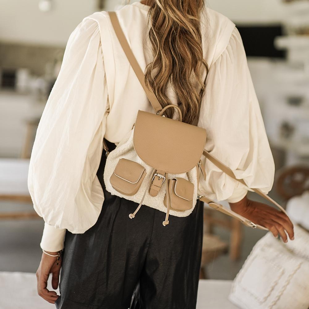 SAC À DOS SERENA - CUIR BEIGE ET LAINE