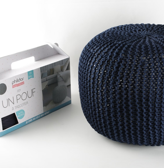 Kit DIY "Je tricote mon Pouf" Bleu Marine - Phildar