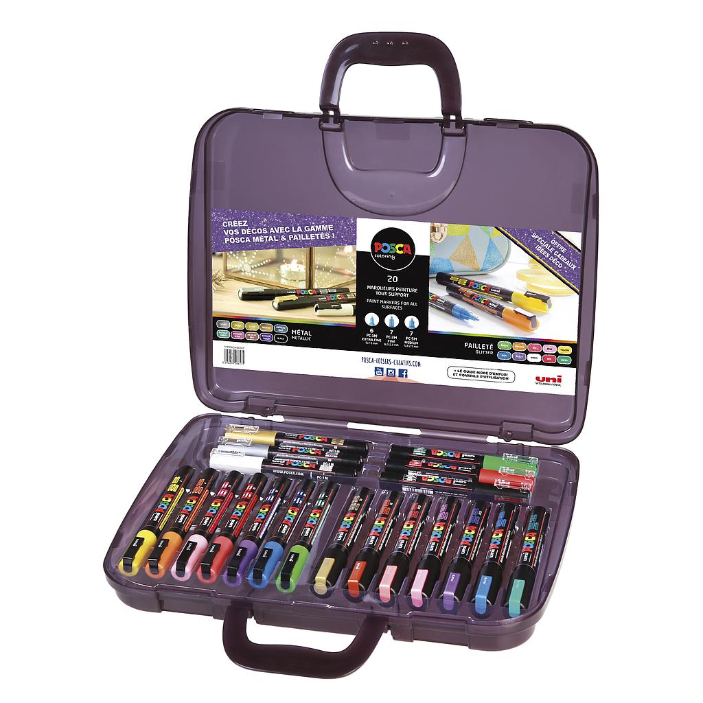 Mallette violette Festive de 20 marqueurs Posca - assortiment couleurs et pointes