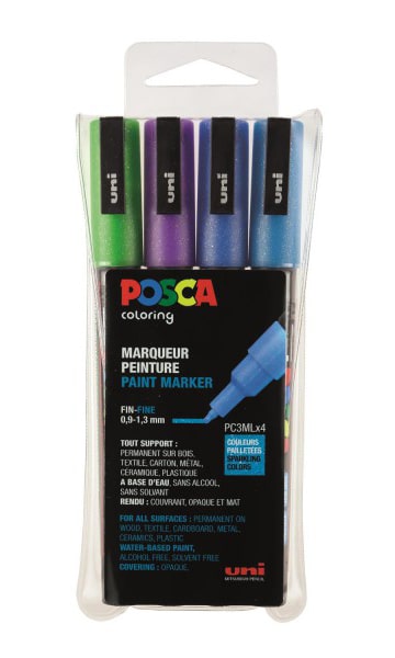 Set 4 marqueurs Posca PC3ML pointe conique fine en plastique - couleurs pailletées froides