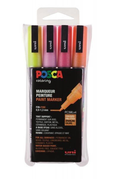 Set 4 marqueurs Posca PC3ML pointe conique fine en plastique - couleurs pailletées chaude