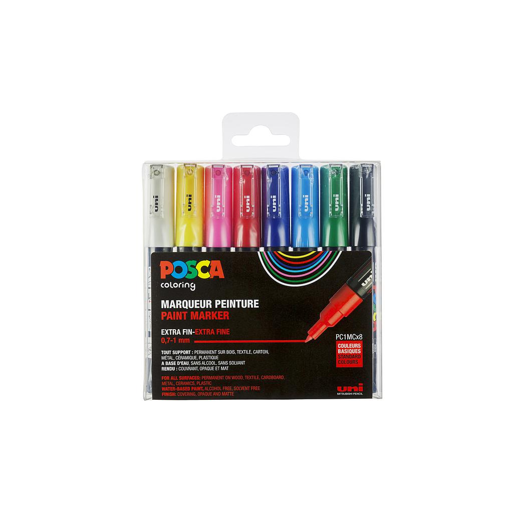 Set 8 marqueurs Posca PC1M pointe conique extra-fine - couleurs basiques