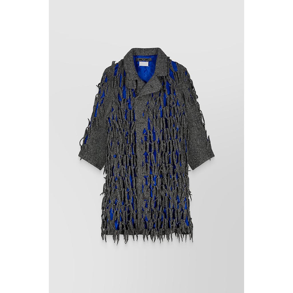 Long herringbone wool coat with birdpeak cut-outs and contrast lining