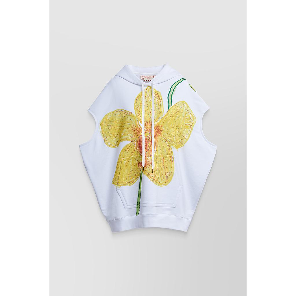 Long hooded oversized sleeveless sweatshirt with flower print