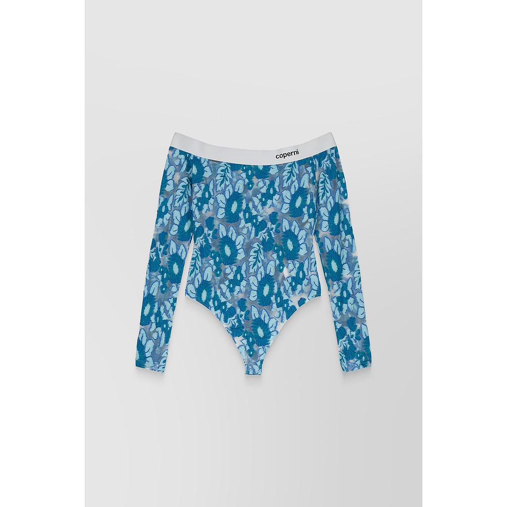 Off-the-shoulders jersey stretch bodysuit with Devereaux flower all over
