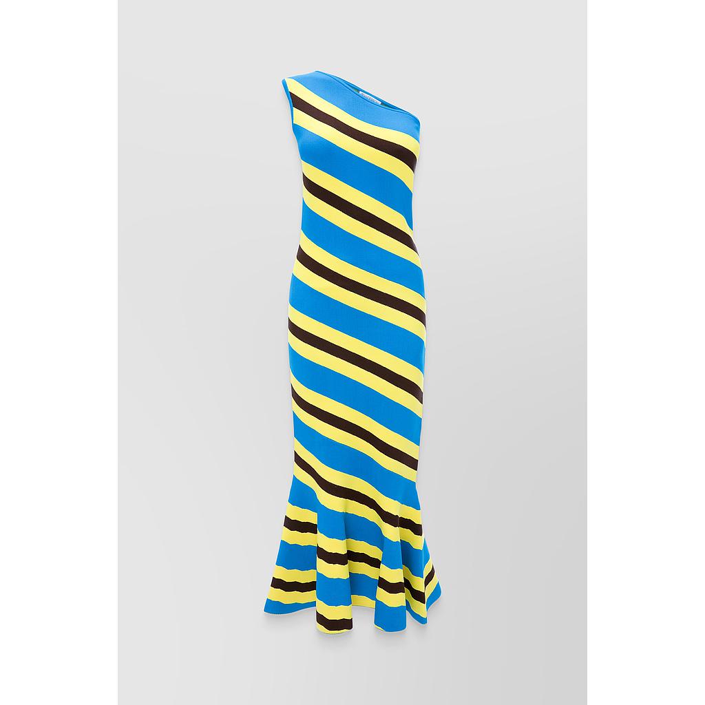 Striped jacquard sleeveless flared hem midi-dress