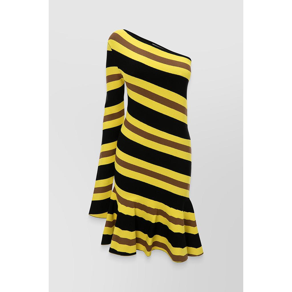 Striped jacquard one sleeve flared hem mini-dress