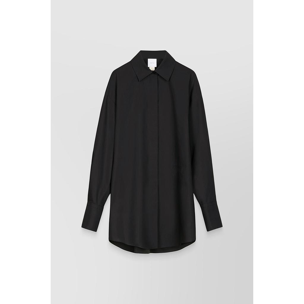 Organic cotton popline oversized black shirt mini-dress