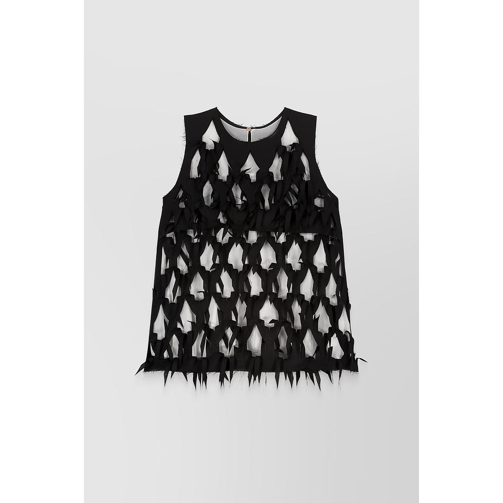 Bi-fabric top with cut-outs and contrast lining