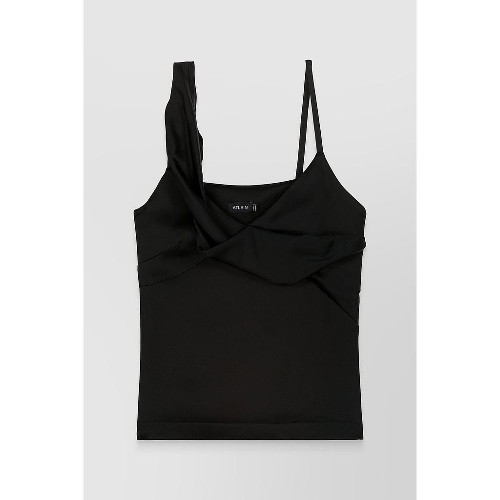 Asymmetric crêpe satin black caraco top