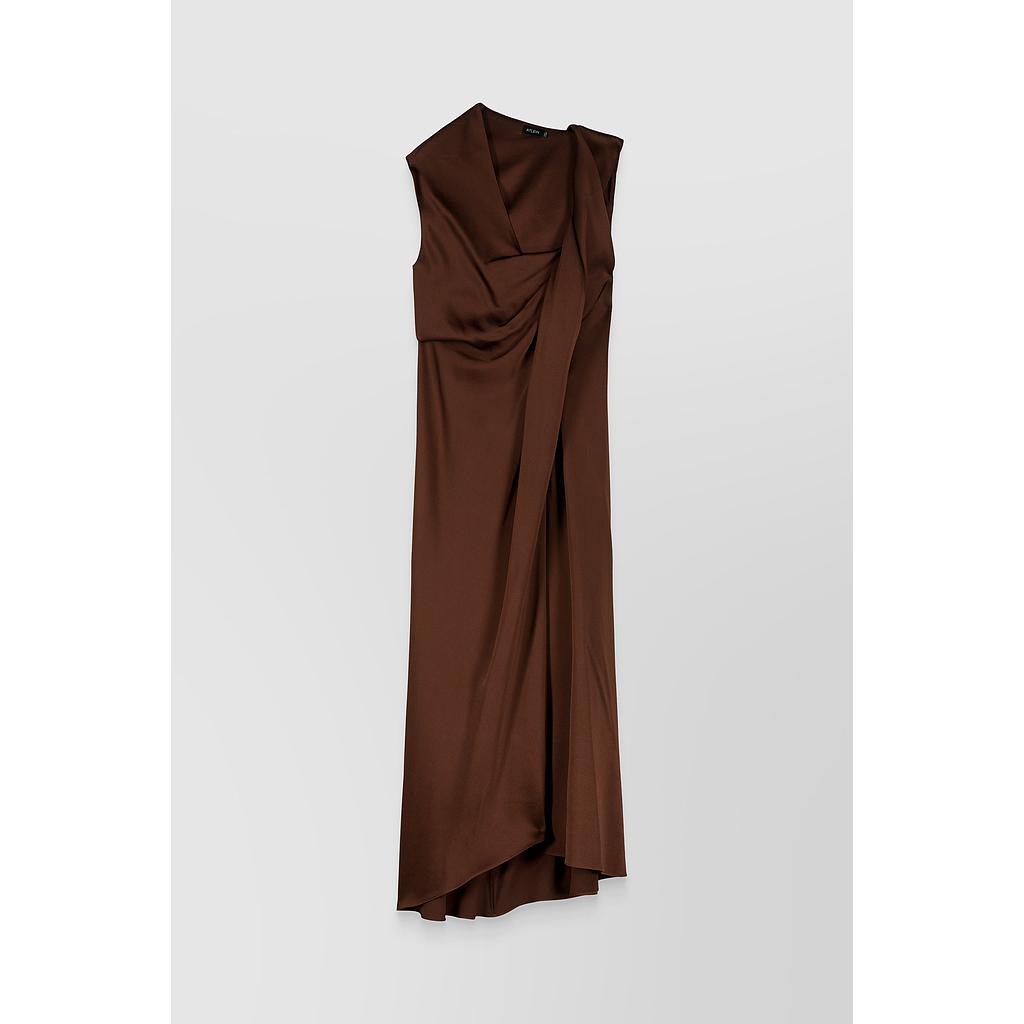 Asymmetric draped sleeveless crêpe satin midi dress