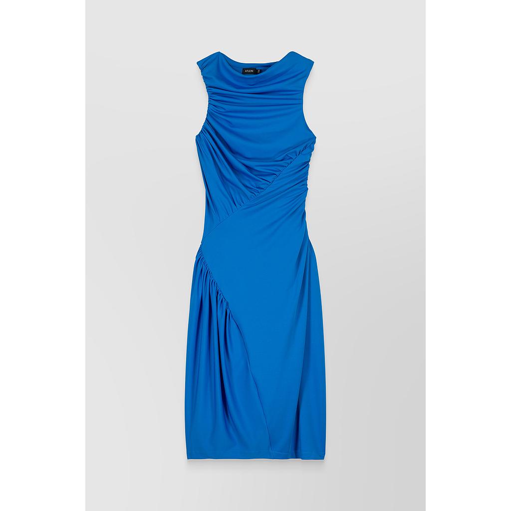 Asymmetric ruched recycled jersey mini dress