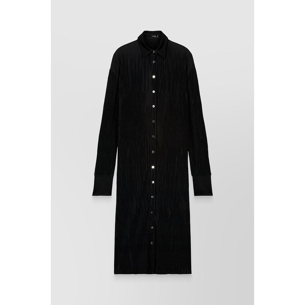 Pleated recycled jersey satin longsleeved midi shirt dress