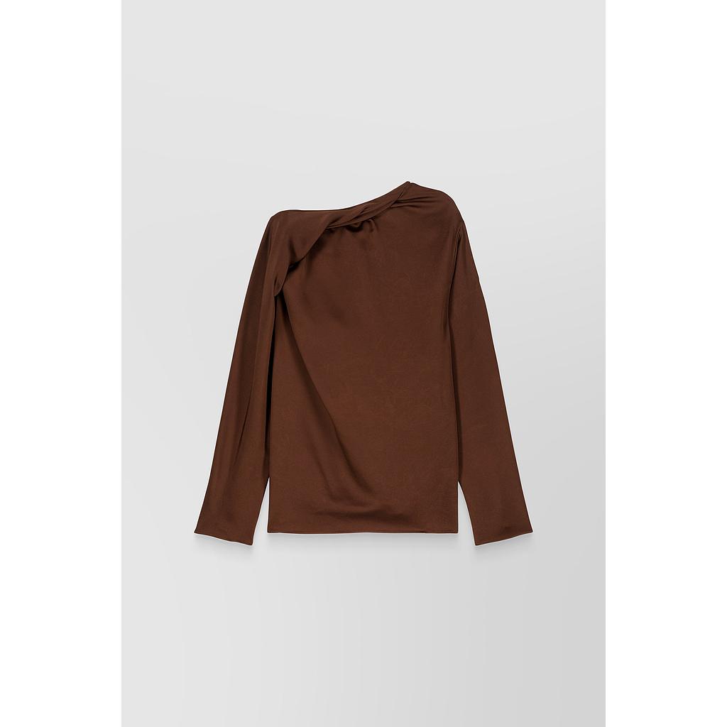 Asymmetric draped crêpe satin long sleeved top