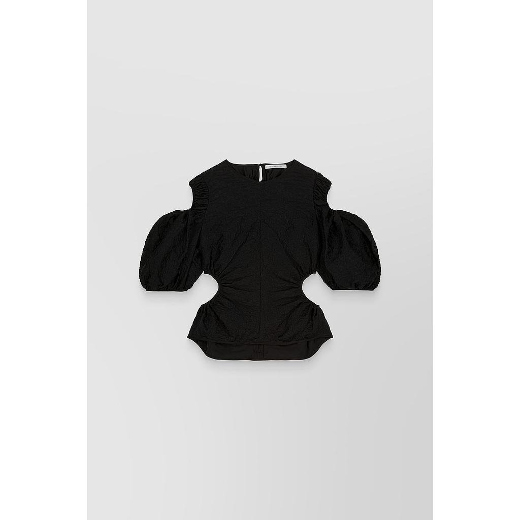 Cut-out puff sleeve matelassé top