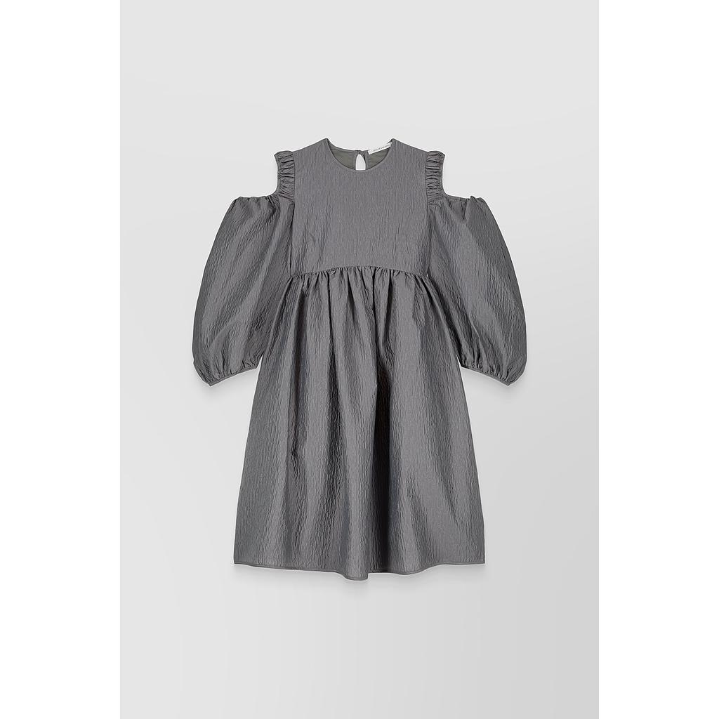Puff sleeve tulipe shaped matelassé knee-length dress