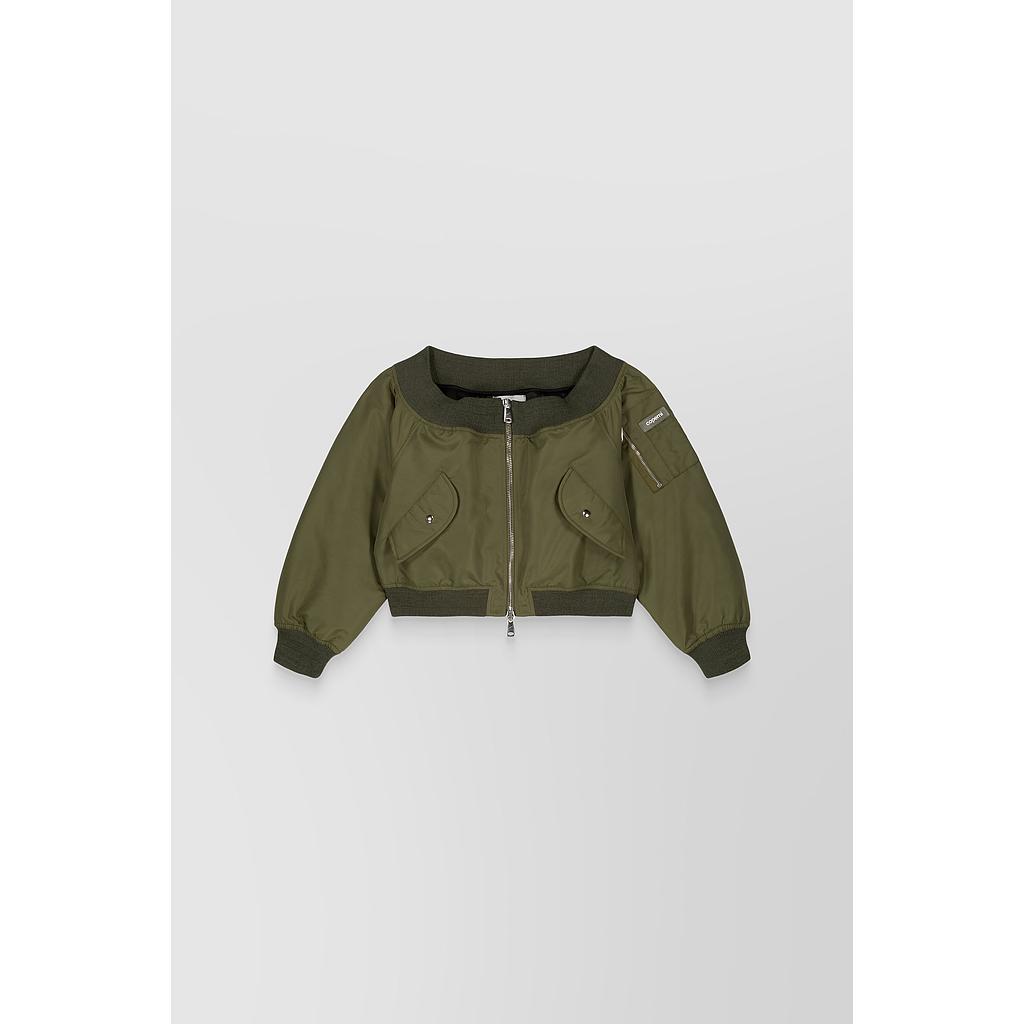 Off-the-shoulder cropped bomber jacket