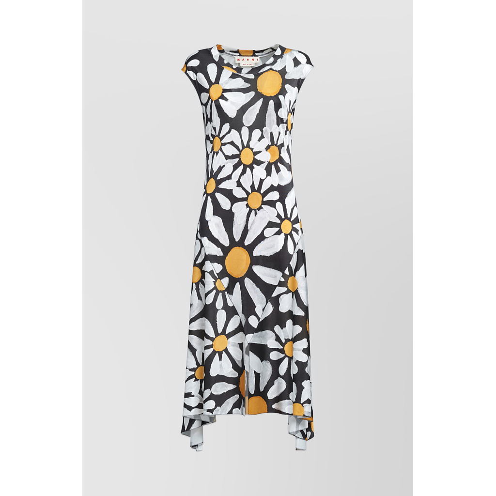 Flower printed fluid jersey flare dress
