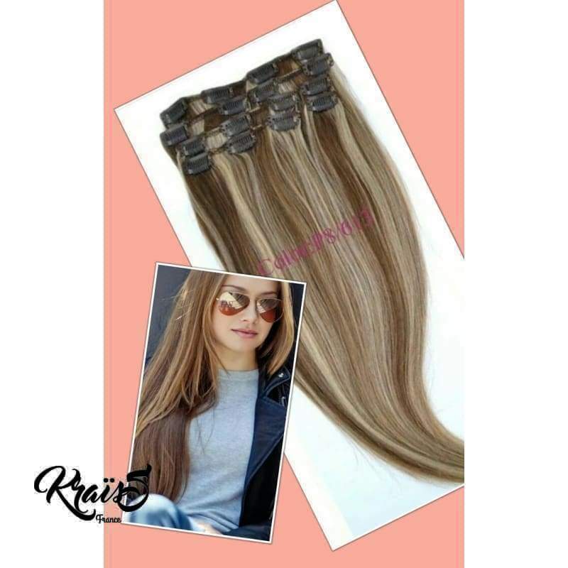 Extension à clip Naturelle Lisse Couleur P8/613 " Noisette clair méches Blondes "