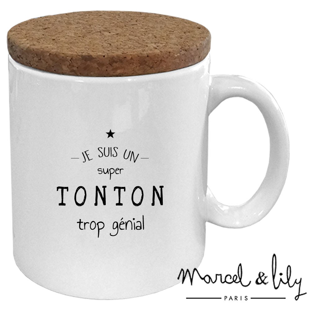 Mug avec son couvercle en liège  "Je suis un Tonton trop génial"