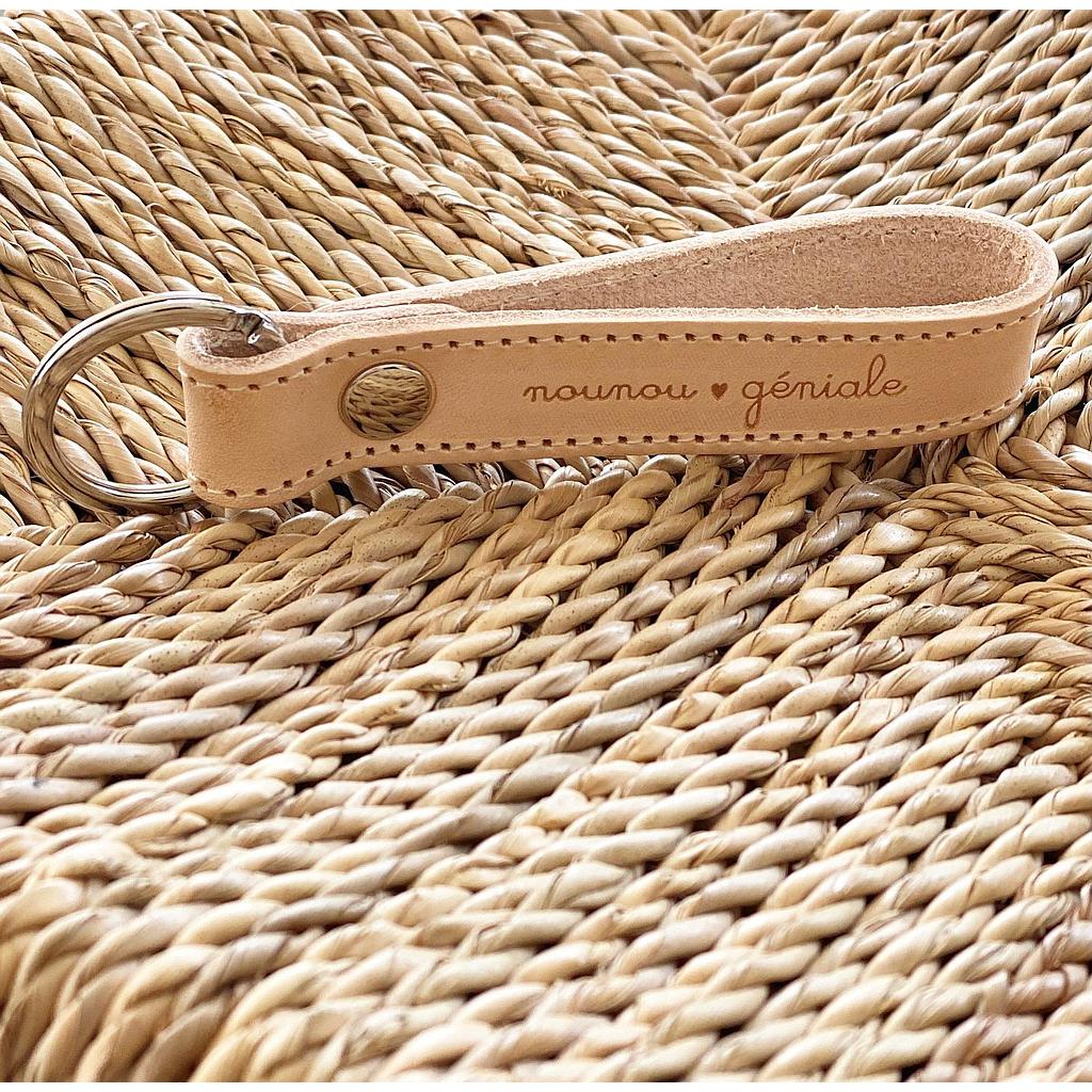 Porte clefs - Cuir naturel "Nounou Géniale"