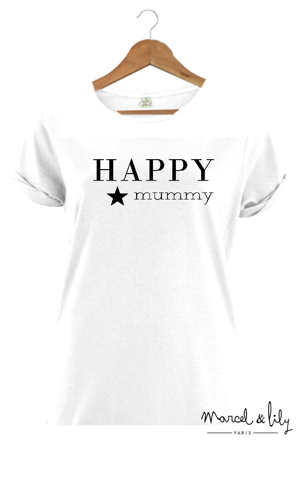 Tee-shirt blanc bio femme + pochon tissu"Happy Mummy"