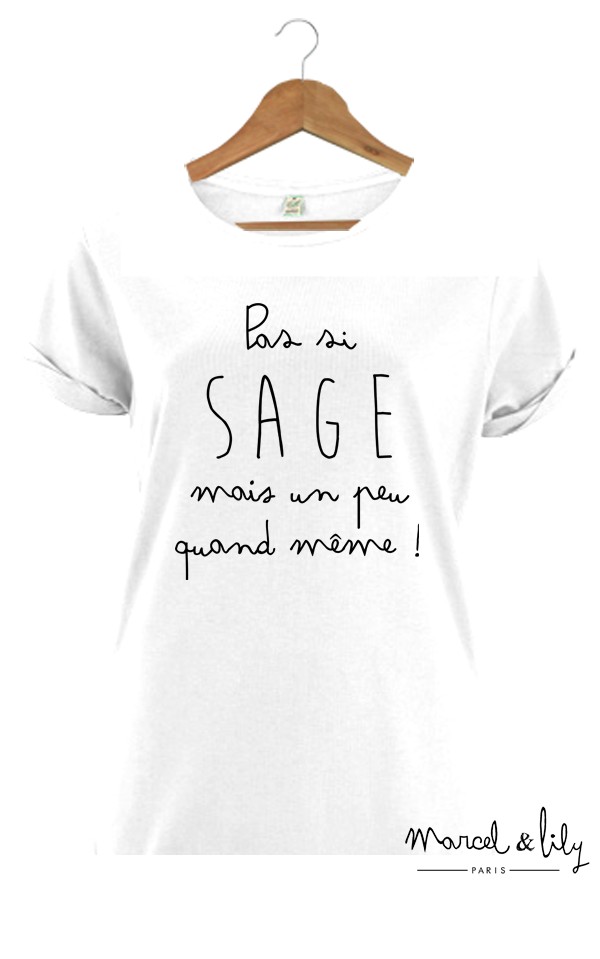 Tee-shirt blanc bio femme + pochon tissu "Pas si Sage"