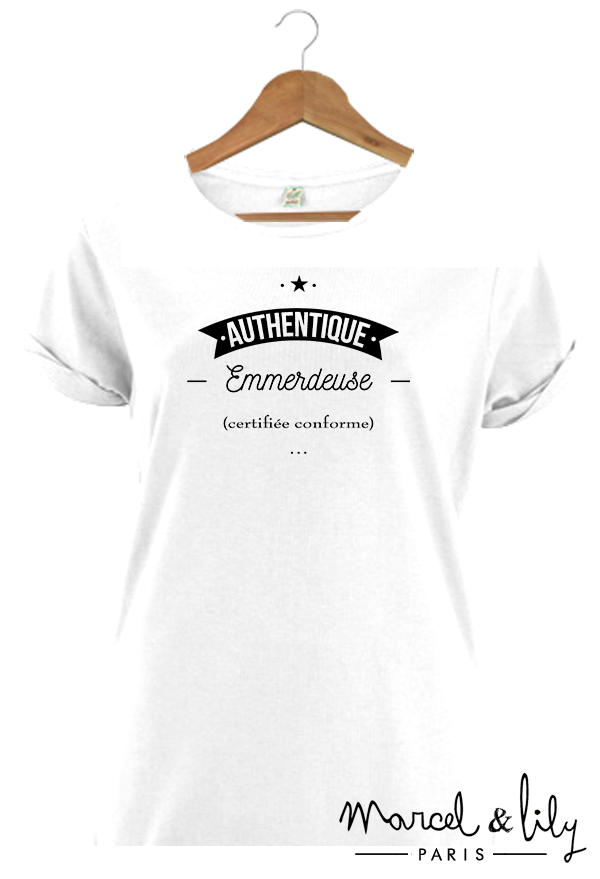 Tee-shirt blanc bio femme + pochon tissu "Authentique Emmerdeuse certifiée conforme"