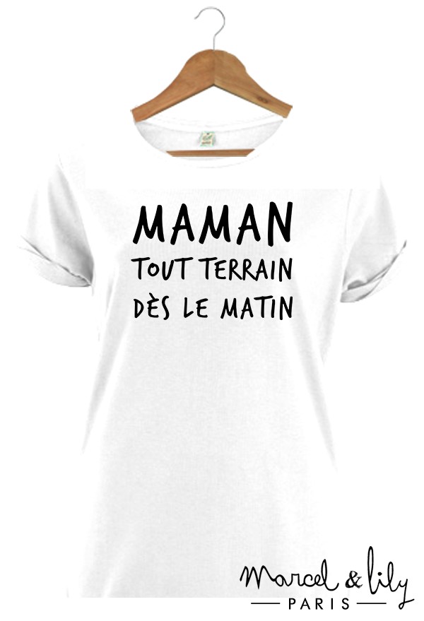 Tee-shirt blanc bio femme + pochon tissu "Maman tout terrain"