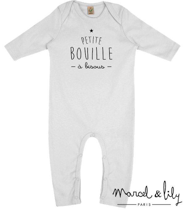 Grenouillère blanche bio + pochon tissu "Bouille à Bisous"