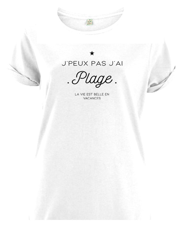 Tee-shirt blanc bio femme + pochon tissu "J'peux pas j'ai plage"