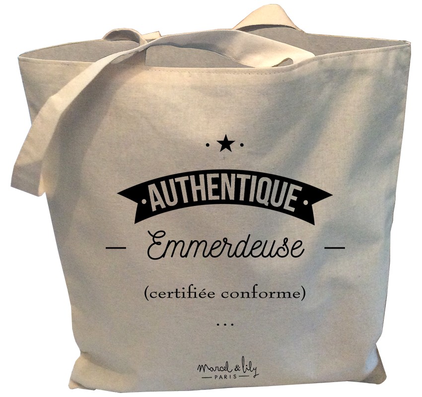 Tote-Bag réversible écru "Authentique Emmerdeuse certifiée Conforme"
