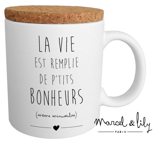 Mug avec son couvercle en liège  "La vie est remplie de p'tits bonheurs"
