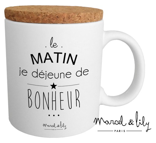 Mug avec son couvercle en liège  "Le matin je déjeune de Bonheur"