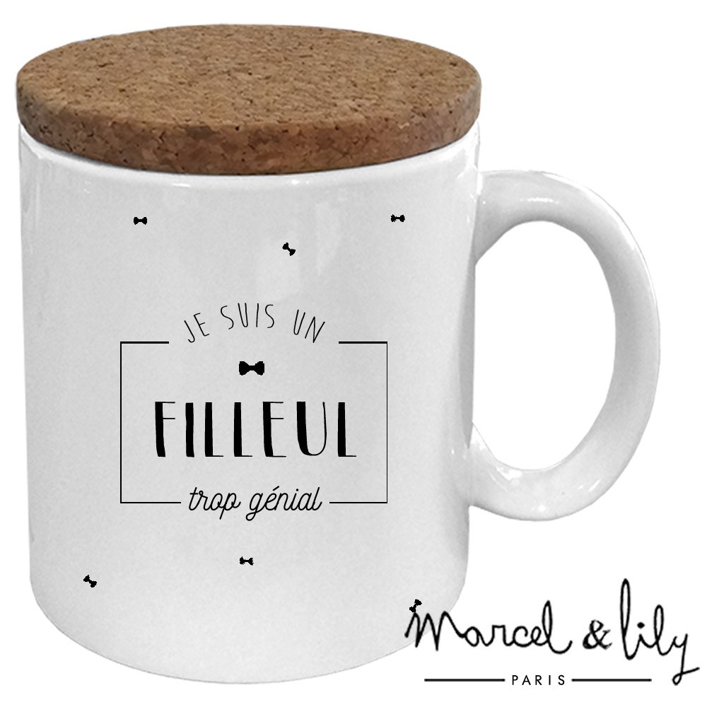 Mug avec son couvercle en liège " je suis un filleul trop génial""