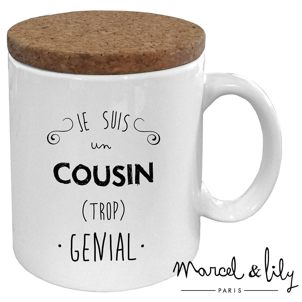 Mug avec son couvercle en liège  "Je suis un Cousin trop génial"