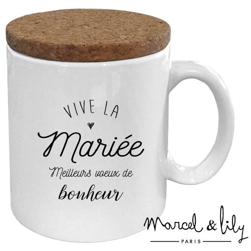 Mug avec son couvercle en liège  "Vive la Mariée"