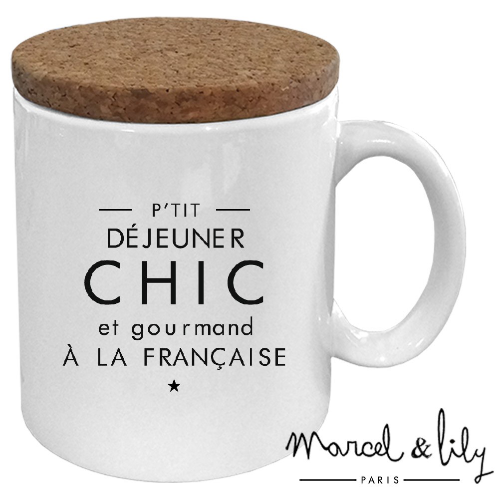 Mug avec son couvercle en liège  "P'tit déjeuner chic"