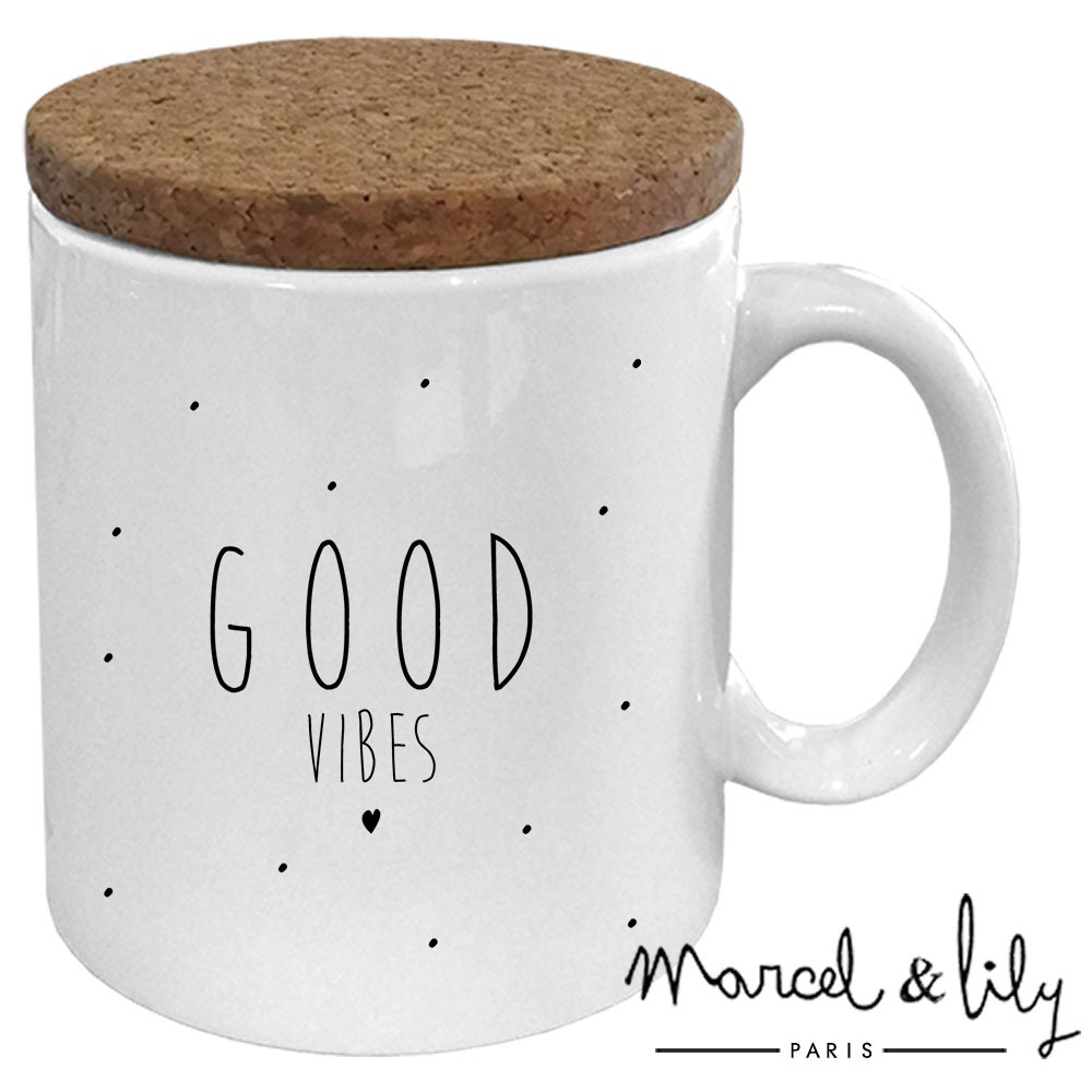 Mug avec son couvercle en liège  "Good vibes"