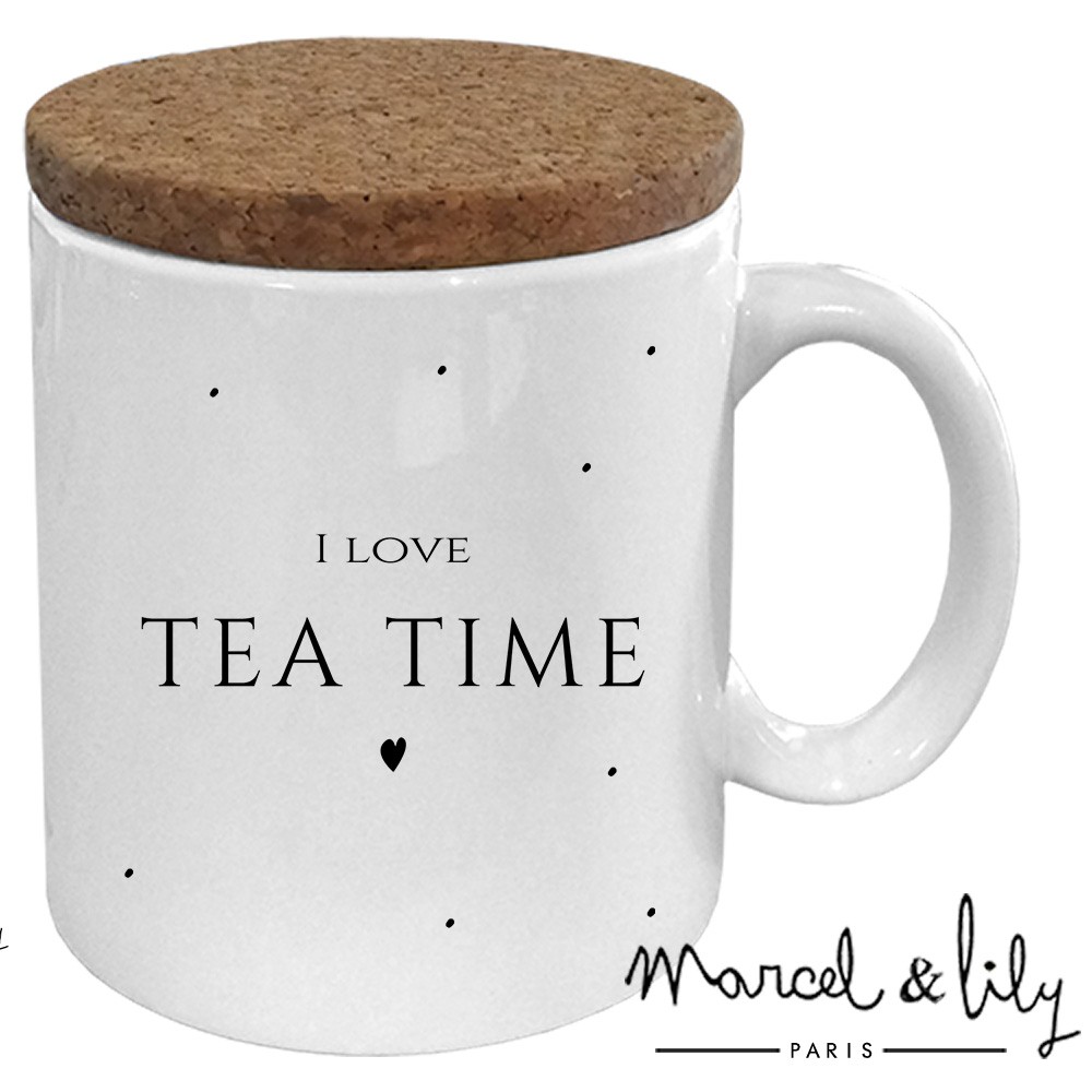 Mug avec son couvercle en liège  "I Love Tea Time"