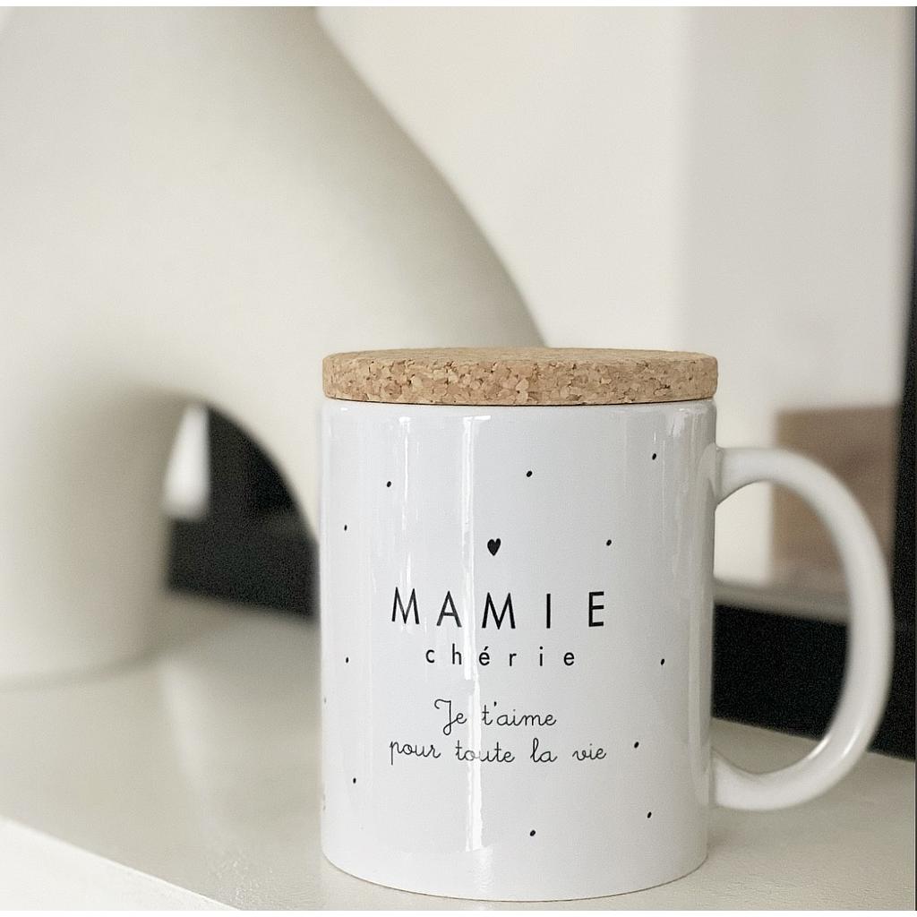 Mug avec son couvercle en liège  "Mamie chérie, je t'aime pour toute la vie"
