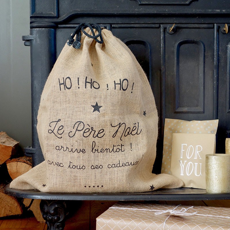 Baluchon en jute "Ho! Ho! Ho! Le père Noël arrive bientôt"