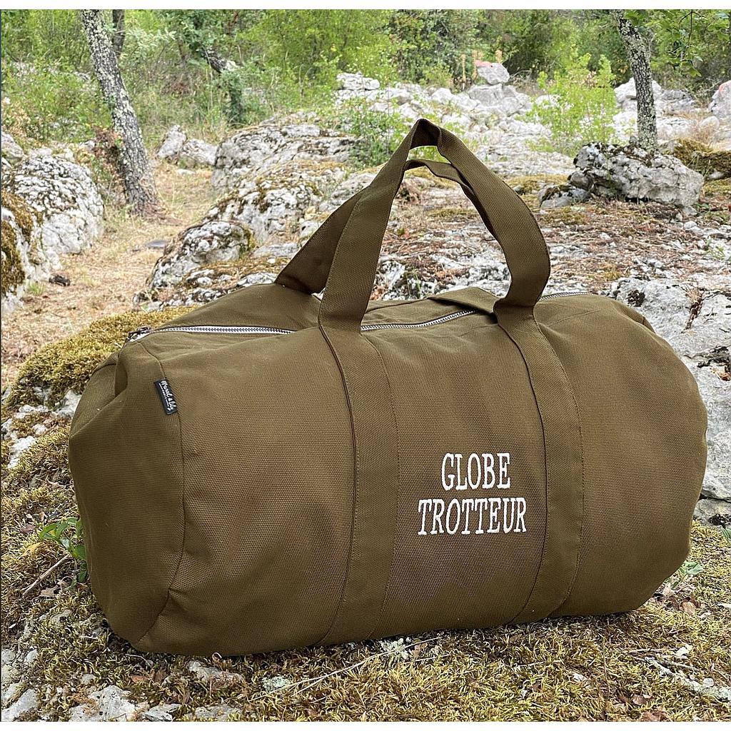 Sac Polochon brodé- Kaki- Globe Trotteur