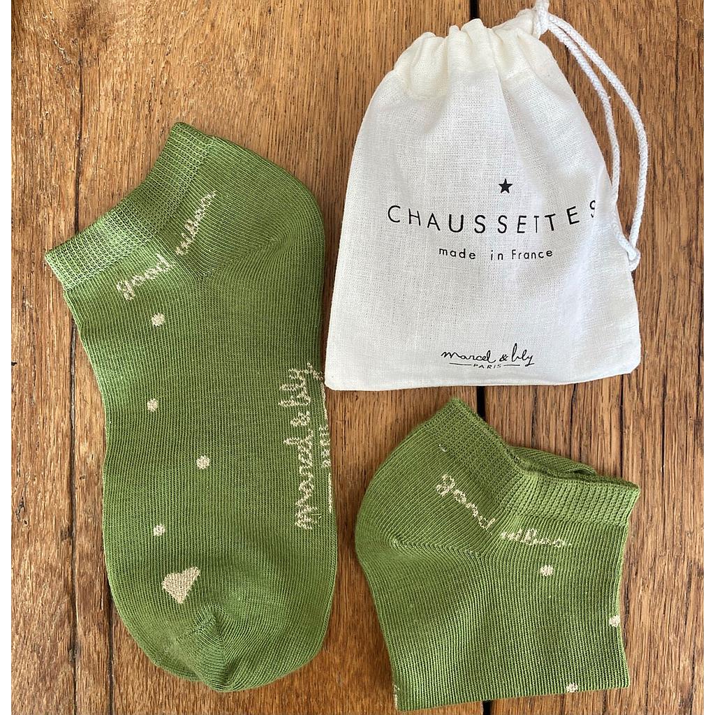 Socquettes  olive et or " Good Vibes " vert olive