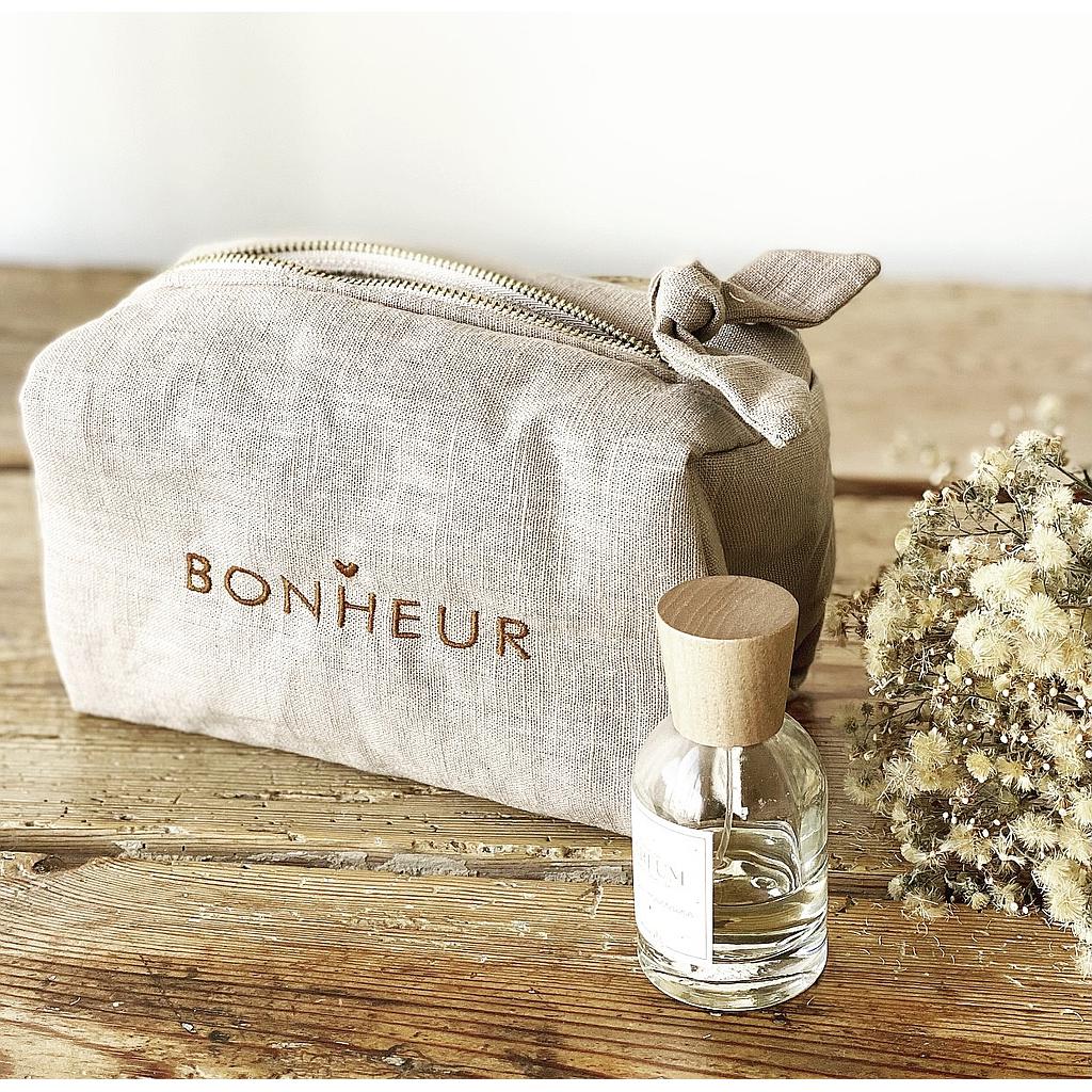 Trousse lin brodée " Bonheur "- sable