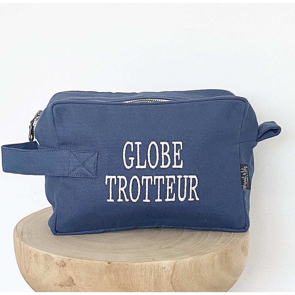 Trousse de toilette  bleu denim - brodée " Globe Trotteur "