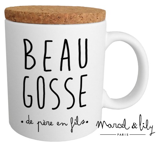 Mug avec son couvercle en liège. "Beau gosse de père en fils"
