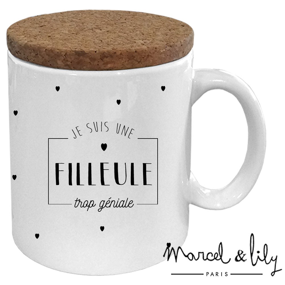 Mug avec son couvercle en liège " je suis une filleule trop géniale""