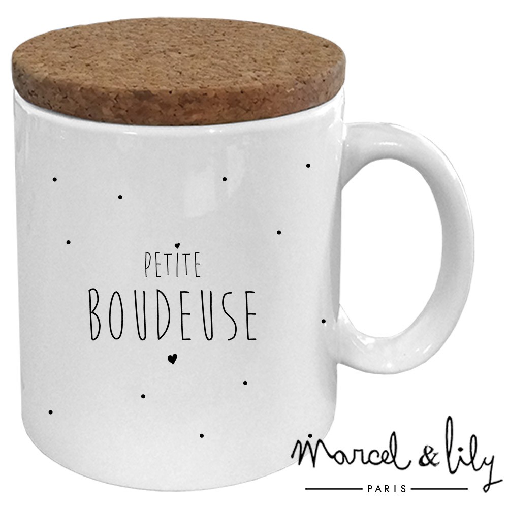 Mug avec son couvercle en liège  "Petite Boudeuse"