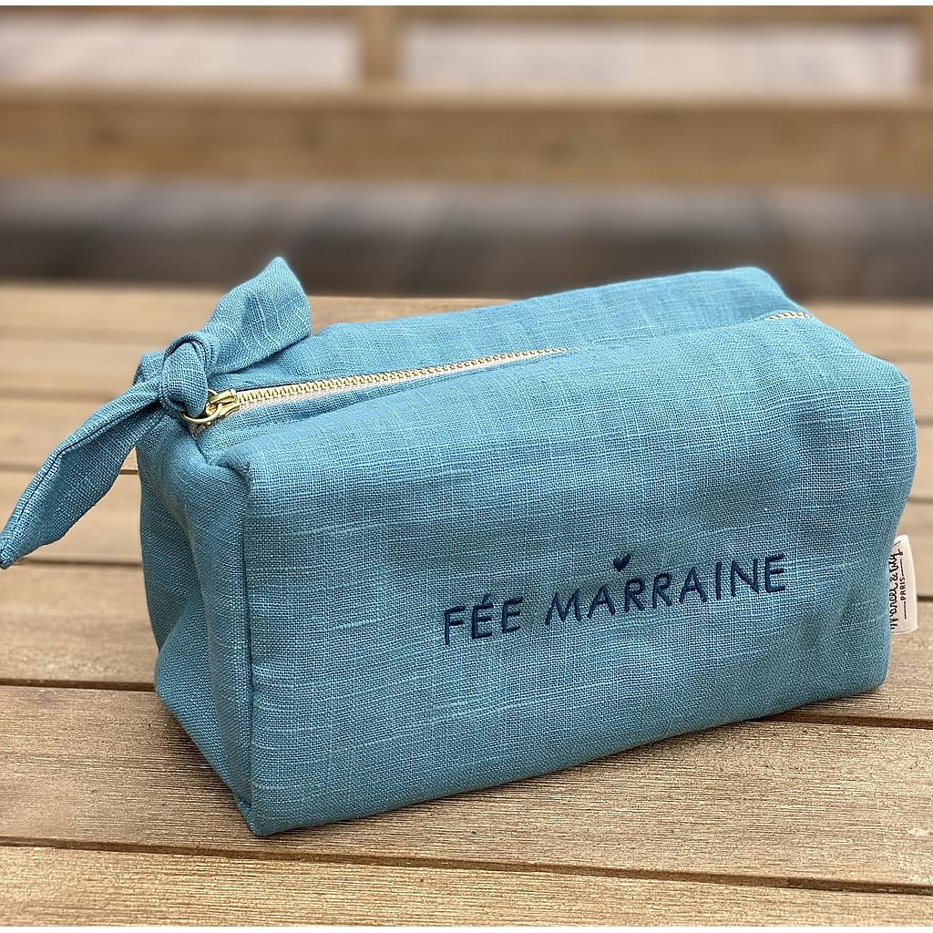 Trousse lin brodée " Fée Marraine" Bleu Teal